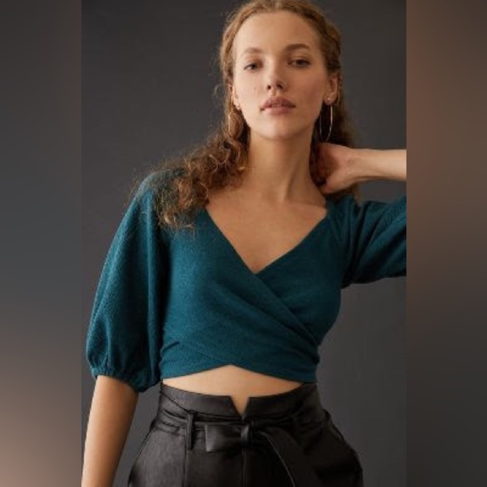Maeve cross front puff sleeve crop top teal Medium